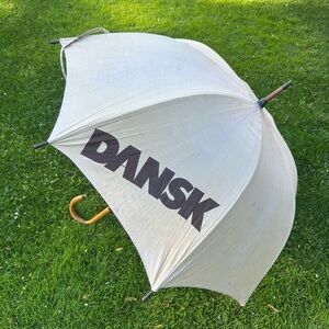 RARE Vintage Mid-Century DANSK Branded Canvas Umbrella with Wooden Handle